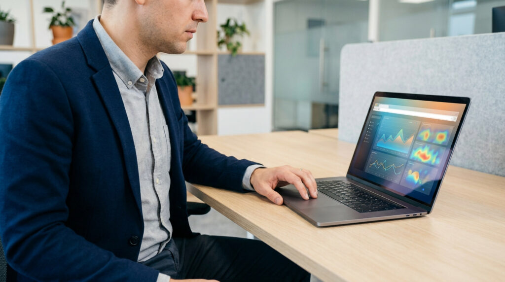 Homme en blazer analysant des graphiques et heatmaps sur un laptop pour un audit UX de site web et l'amélioration de la conversion.