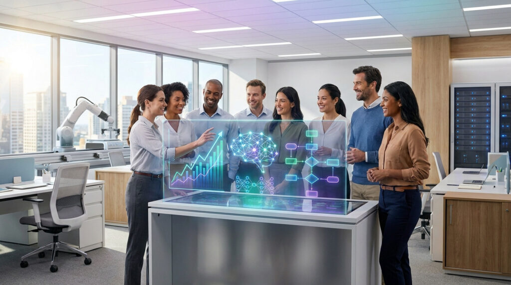 Sept pros autour d'un écran interactif montrant graphiques, IA, et processus. Bureau moderne avec bras robotique et serveurs.