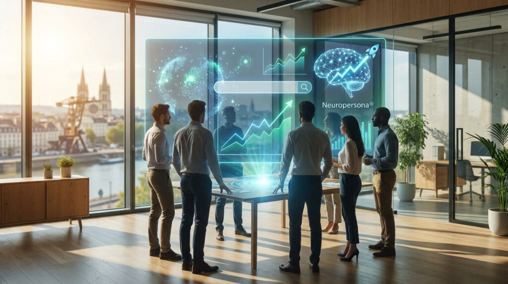Professionnels autour d'une interface holographique interactive (données SEO, croissance, cerveau avec fusée) dans un bureau moderne avec vue sur Nantes.