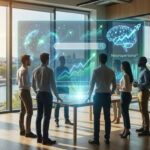 Professionnels autour d'une interface holographique interactive (données SEO, croissance, cerveau avec fusée) dans un bureau moderne avec vue sur Nantes.
