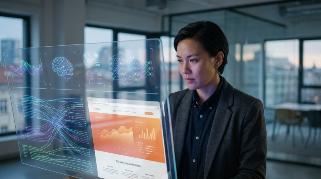 Femme observant un écran transparent affichant des schémas de cerveau, réseaux neuronaux et données d'analyse web.