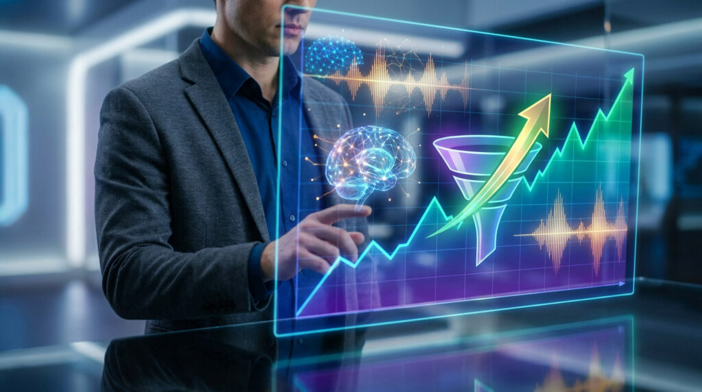 Homme interagissant avec un écran holographique affichant cerveau, entonnoir de conversion, graphique de croissance et données.