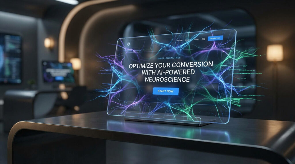 Écran holographique affichant une landing page sur l'optimisation par IA et neurosciences dans un bureau moderne.