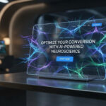Écran holographique affichant une landing page sur l'optimisation par IA et neurosciences dans un bureau moderne.