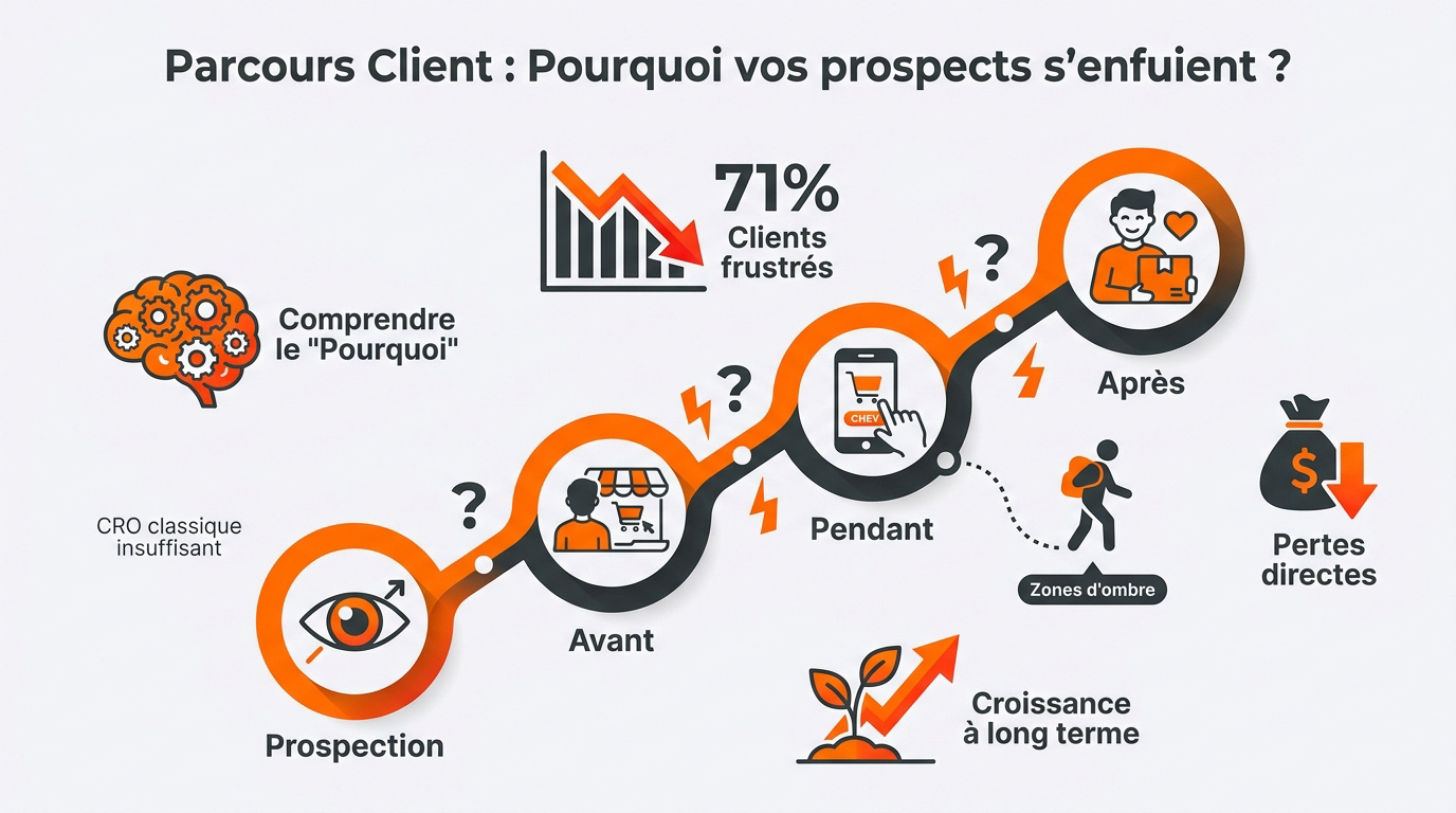 Optimisation parcours client : parlez au cerveau de vos clients 1 Illustration des points de friction causant l'abandon du parcours client