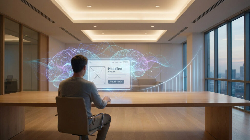 Un homme étudie une maquette de page de vente holographique avec des formes de cerveau et un graphique de croissance dans un bureau moderne.