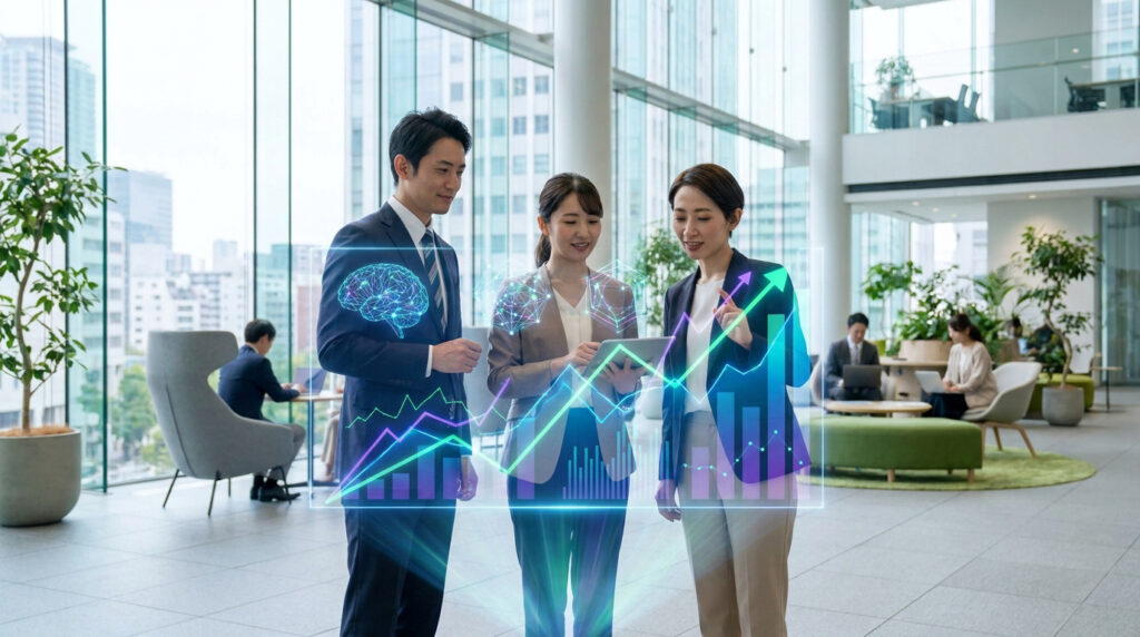 Trois pros discutent stratégie digitale avec tablette, graphiques de croissance, cerveau IA et réseaux lumineux dans un bureau moderne.