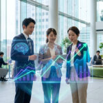 Trois pros discutent stratégie digitale avec tablette, graphiques de croissance, cerveau IA et réseaux lumineux dans un bureau moderne.