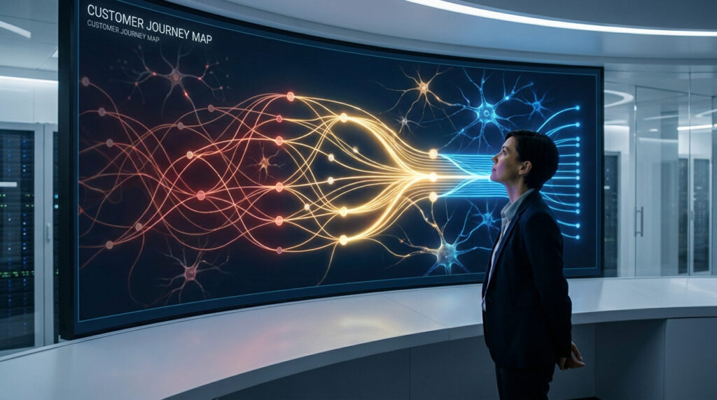 Femme devant un écran géant. Il affiche une carte du parcours client lumineuse avec un réseau neuronal de flux de données.