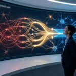 Femme devant un écran géant. Il affiche une carte du parcours client lumineuse avec un réseau neuronal de flux de données.