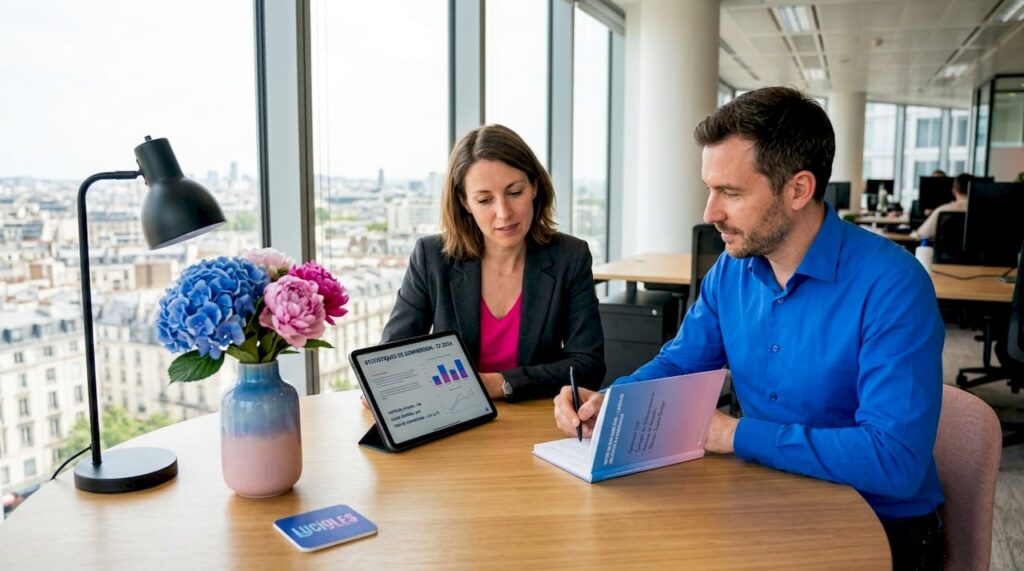 Deux associés analysent les résultats de conversion dans un bureau baigné de lumière.
