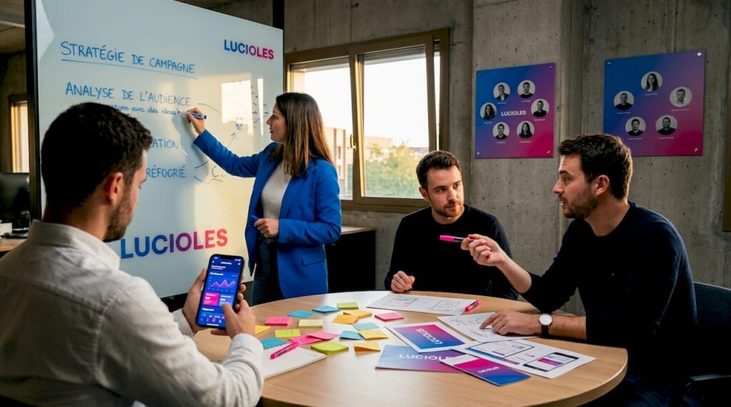 Une équipe échange autour d’une table pour élaborer la stratégie UX.