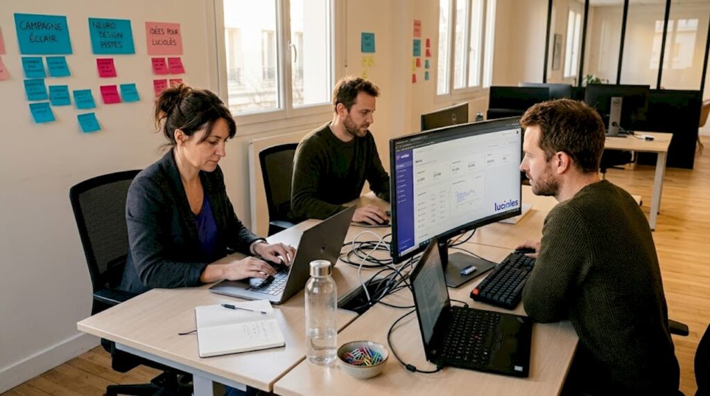Une équipe collabore au sein d'une agence sur différents projets marketing.