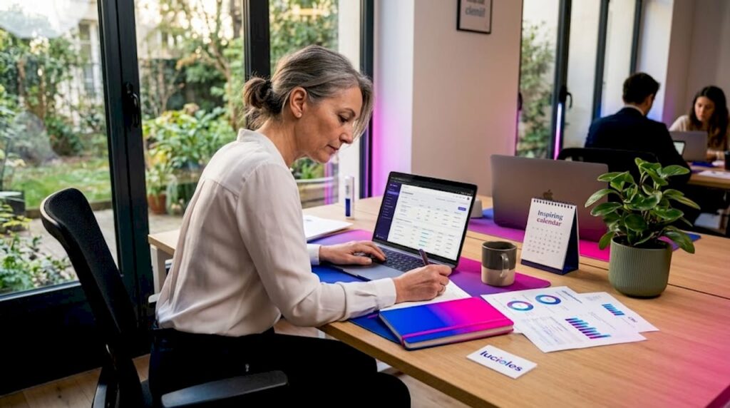 Une femme d’affaires met en place un logiciel CRM dans son espace de travail afin d’optimiser la gestion de ses clients.