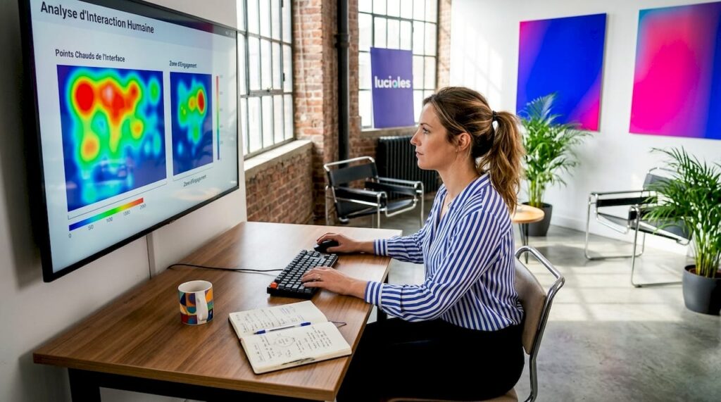 Une femme examine des données issues du neuromarketing, installée à son bureau.