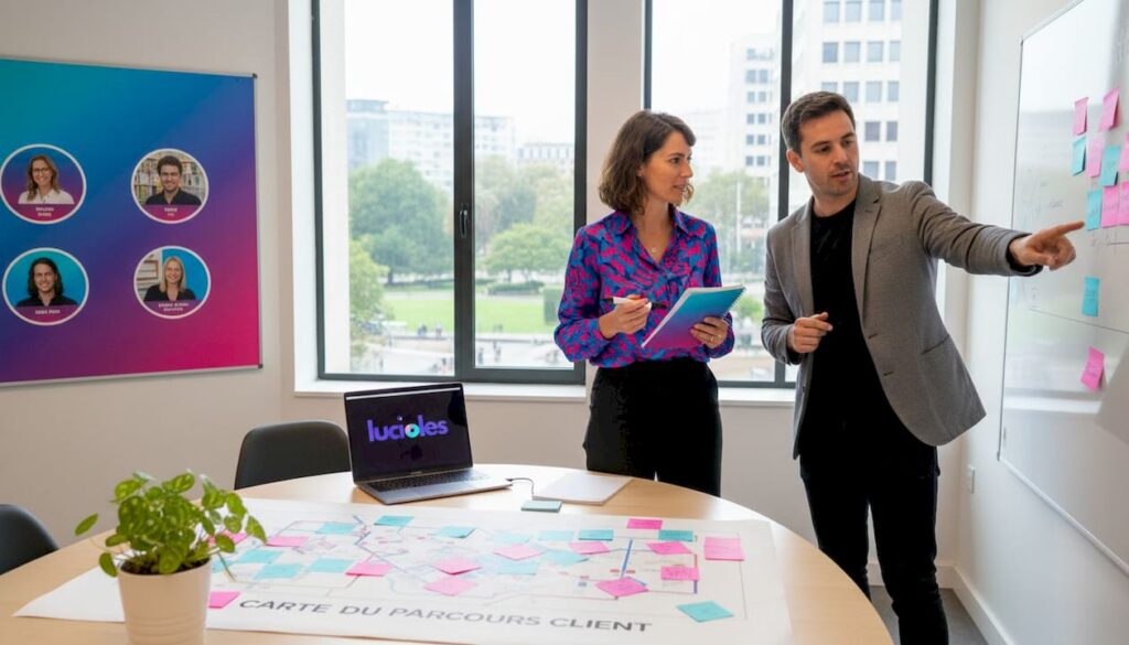 Un consultant analyse le parcours client devant un tableau blanc.