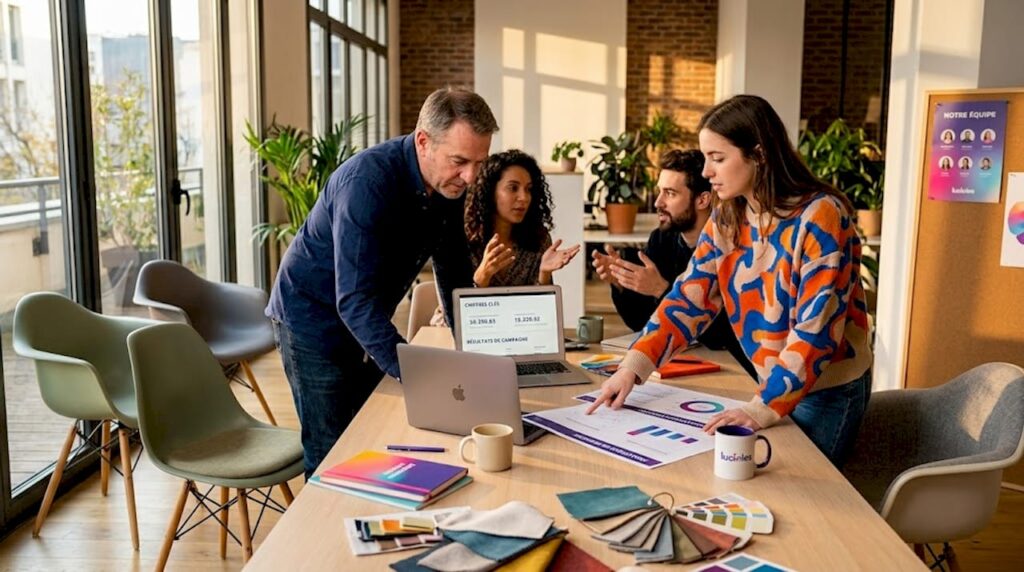 Des collaborateurs échangent et travaillent ensemble sur des données au sein d’un espace de travail ouvert.