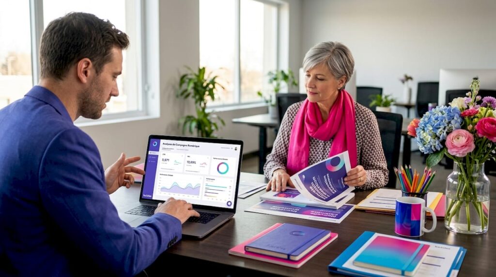 Deux professionnels du marketing collaborent sur des campagnes aussi bien digitales que traditionnelles.