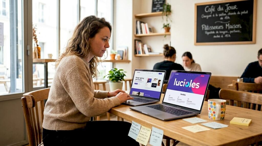 Une femme en pleine réflexion, examinant différentes agences digitales pour choisir celle qui correspond le mieux à ses besoins.