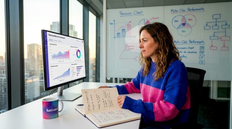 Un analyste marketing en pleine analyse du tableau de bord des indicateurs clés de performance.