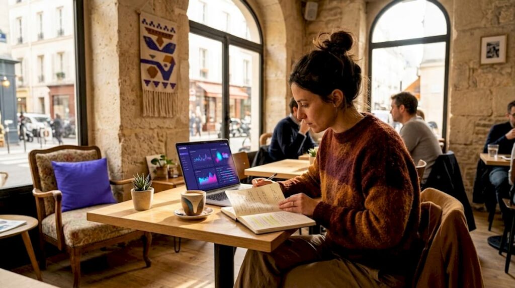 Installé dans son espace de travail à domicile, un spécialiste du marketing digital élabore le profil type de ses clients idéaux.