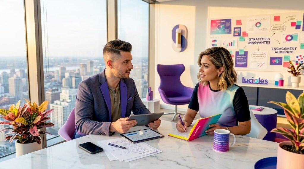 Des spécialistes du marketing digital échangent et travaillent ensemble autour d’une grande table dans un espace de bureau moderne.
