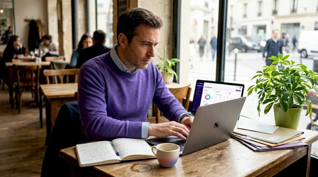 Un responsable commercial B2B en pleine analyse des données CRM devant son ordinateur au bureau.