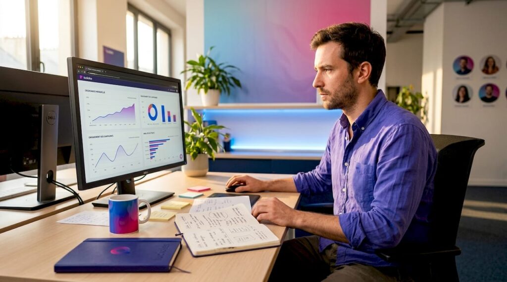 Un expert en marketing digital en pleine analyse de données sur son poste de travail.