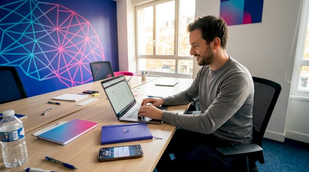 Consultant en stratégie digitale concentré devant son ordinateur, en pleine élaboration de campagnes marketing.