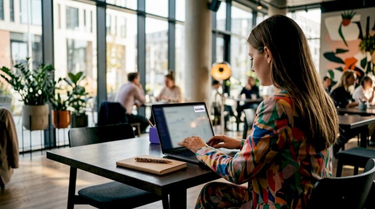 Une cheffe d’entreprise en pleine analyse des performances digitales depuis son bureau