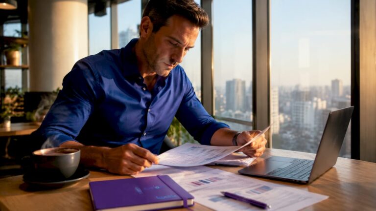 Un homme en pleine réflexion sur la stratégie commerciale de son entreprise, assis à son bureau.