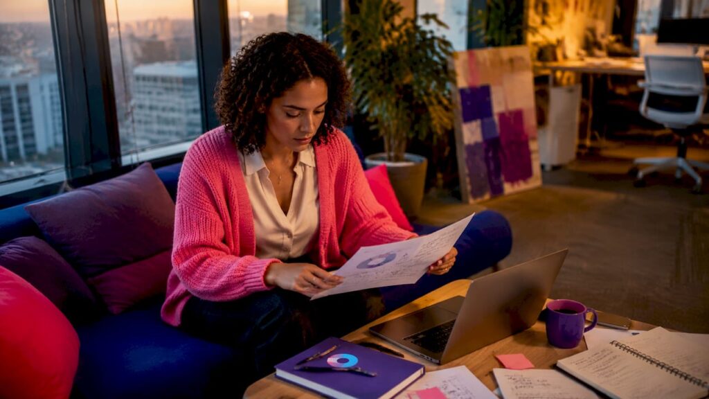 Une femme entrepreneure en pleine réunion dans son cabinet de conseil, élaborant un rapport professionnel.
