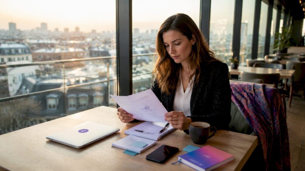 Une femme d'affaires analyse attentivement des documents liés à la stratégie de développement numérique de son entreprise.
