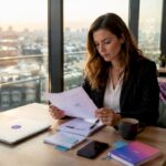 Une femme d'affaires analyse attentivement des documents liés à la stratégie de développement numérique de son entreprise.