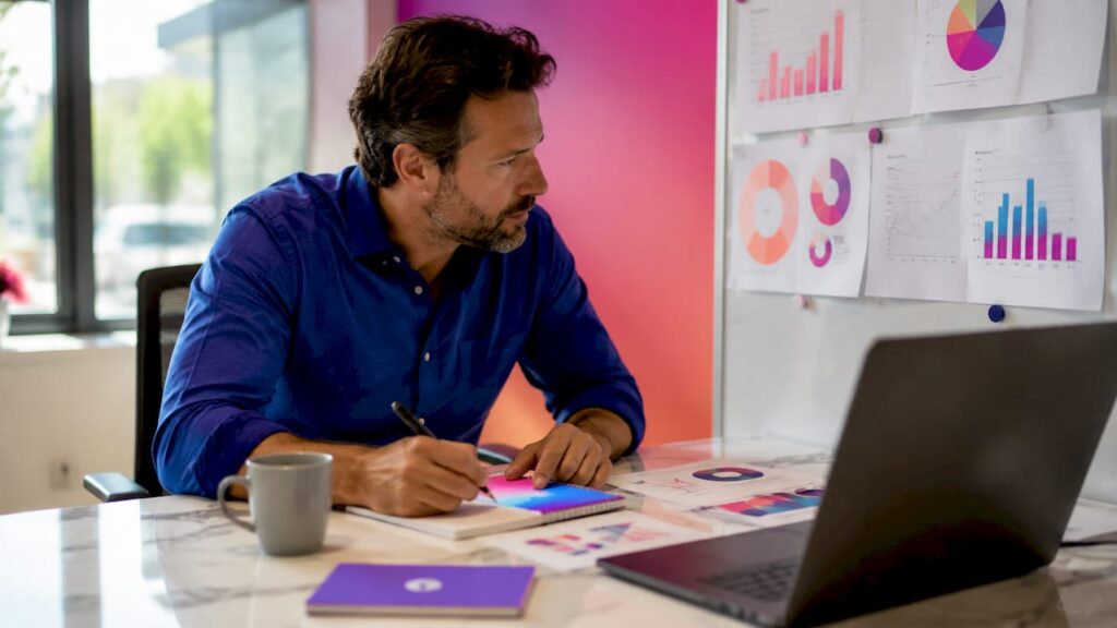 Un consultant en pleine analyse digitale sur sa tablette, installé à son bureau.