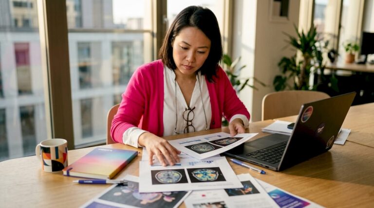 Une experte en neuromarketing en pleine analyse des données pour comprendre le comportement des consommateurs.