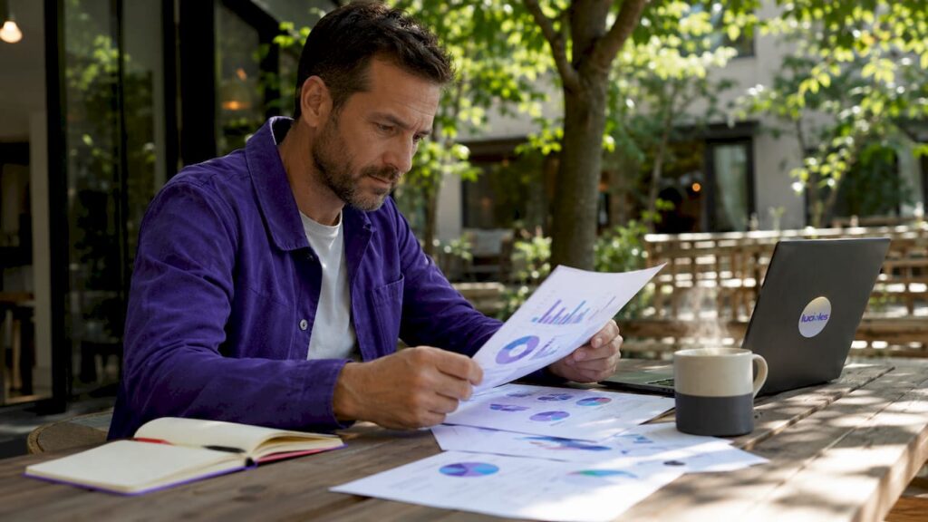 Un chef d’entreprise de PME passe en revue les documents relatifs à sa stratégie digitale.
