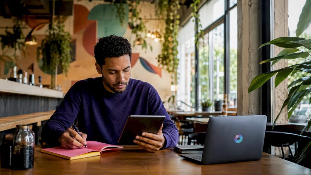 Un consultant en marketing en pleine réflexion devant sa tablette, installé dans son bureau moderne.