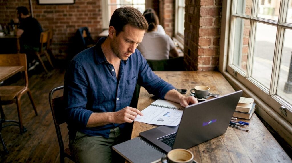 Assis à son bureau, un responsable e-commerce passe en revue la stratégie tarifaire de sa boutique en ligne, analysant les données pour optimiser ses prix et rester compétitif.