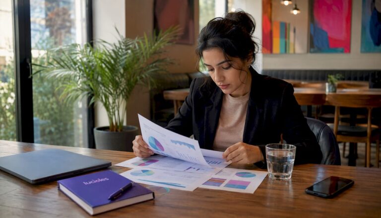 Une femme d’affaires en pleine analyse des statistiques de fréquentation.