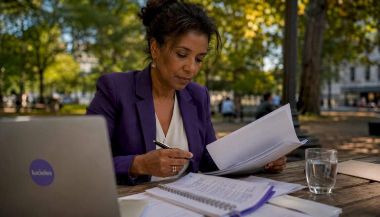 Une femme d'affaires examine attentivement les propositions des agences, assise à son bureau.