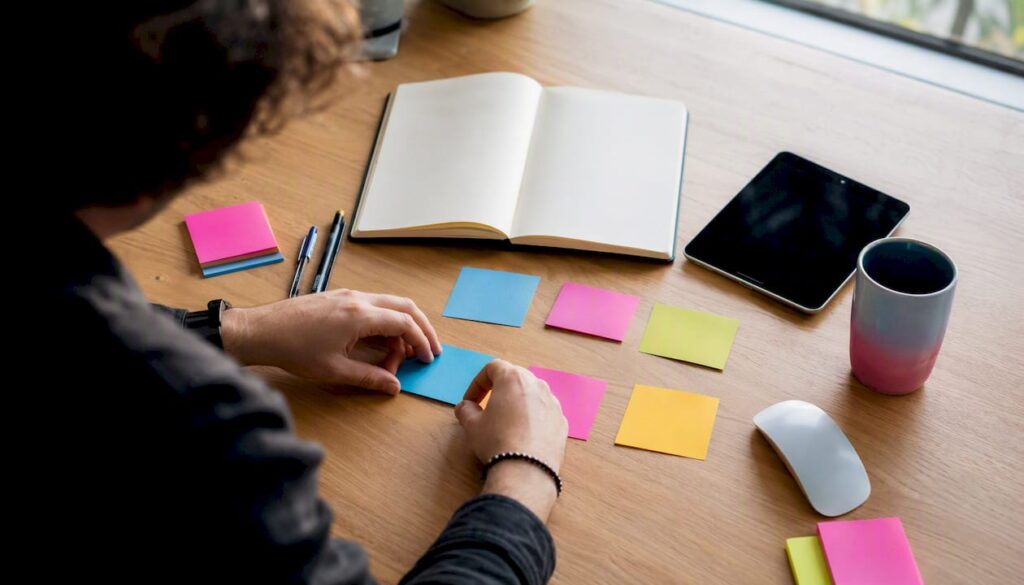 Des mains disposent soigneusement des cartes de planification de projet sur le bureau, organisant chaque étape avec méthode.