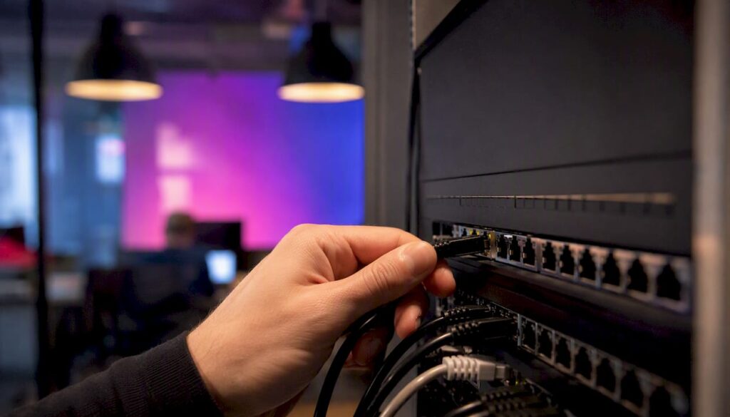 Connexion manuelle d’un câble réseau dans une baie de serveurs