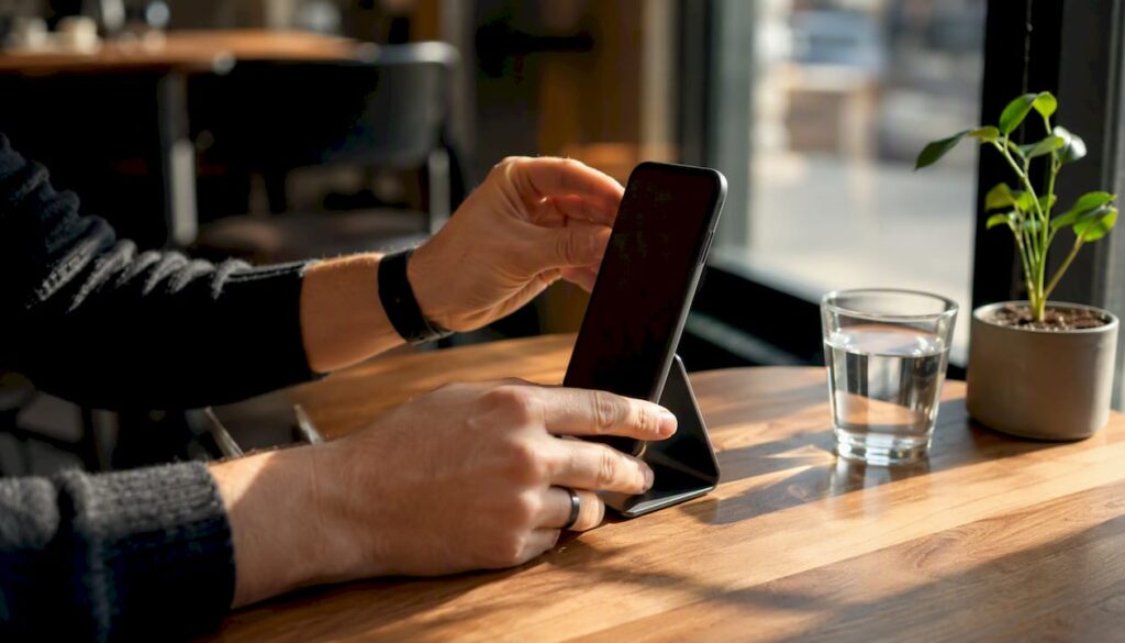 Des mains en train de régler une tablette pour organiser la stratégie sur les réseaux sociaux.