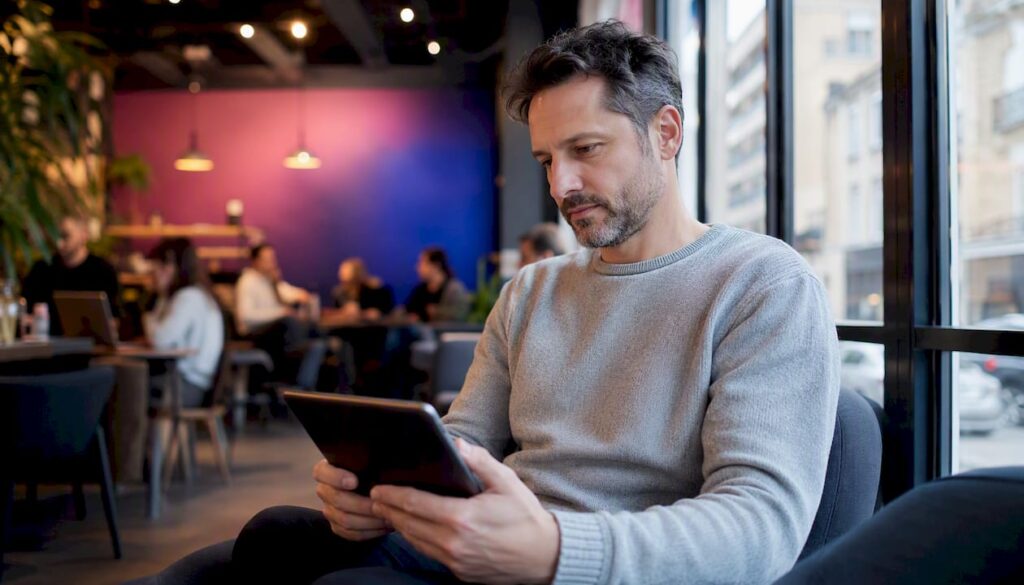 Un homme consulte une tablette, réfléchissant à l’agence qu’il va choisir.
