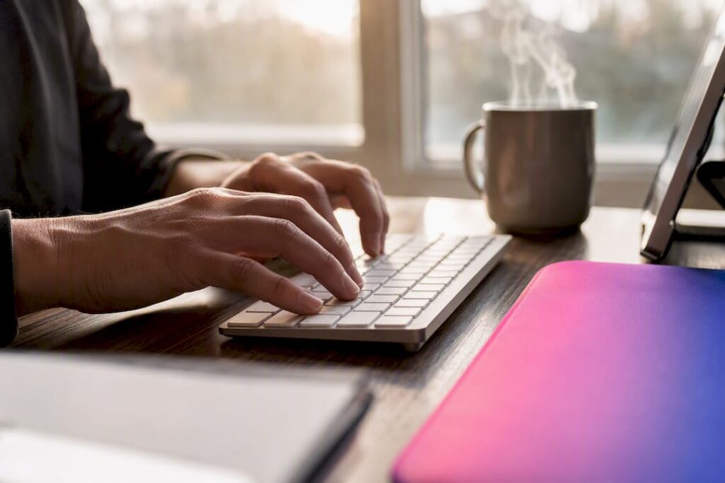 Mains tapant du microtexte UX sur un clavier