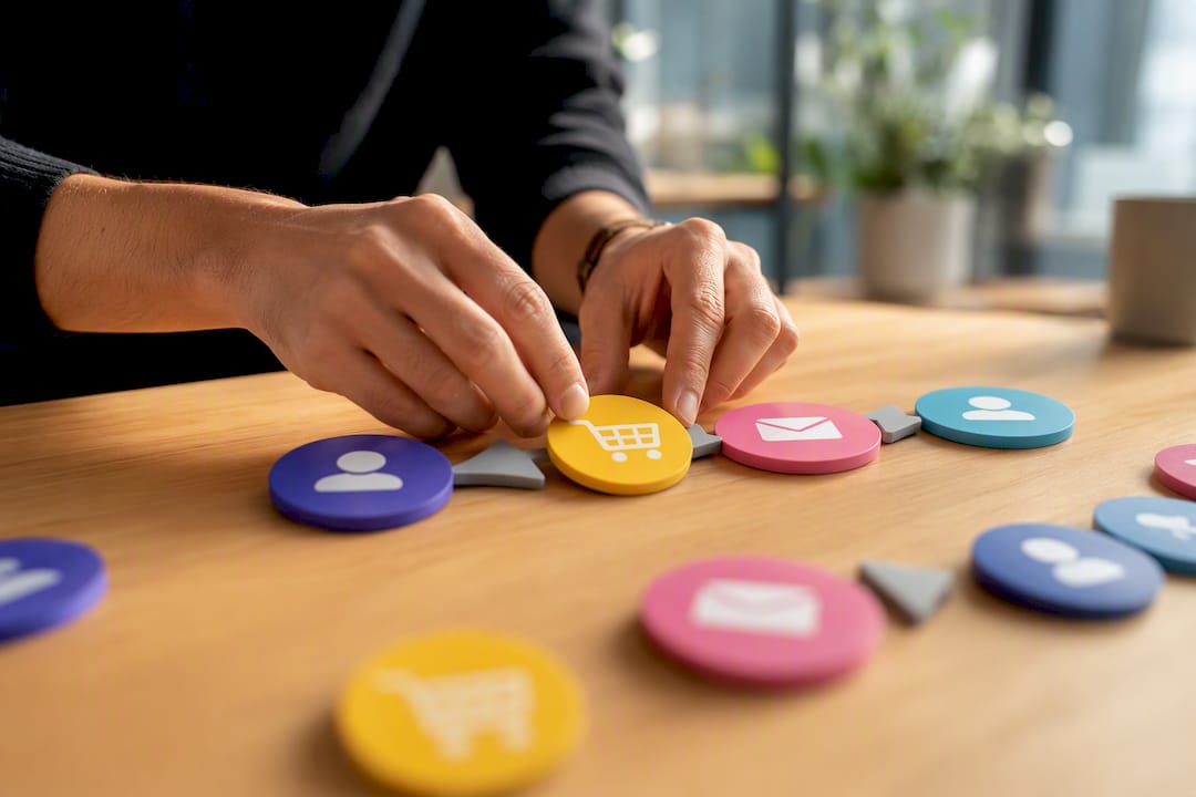 Personnalisation en temps réel : le levier IA qui fait grimper vos conversions 2 Mains disposant des jetons symbolisant le parcours client digital