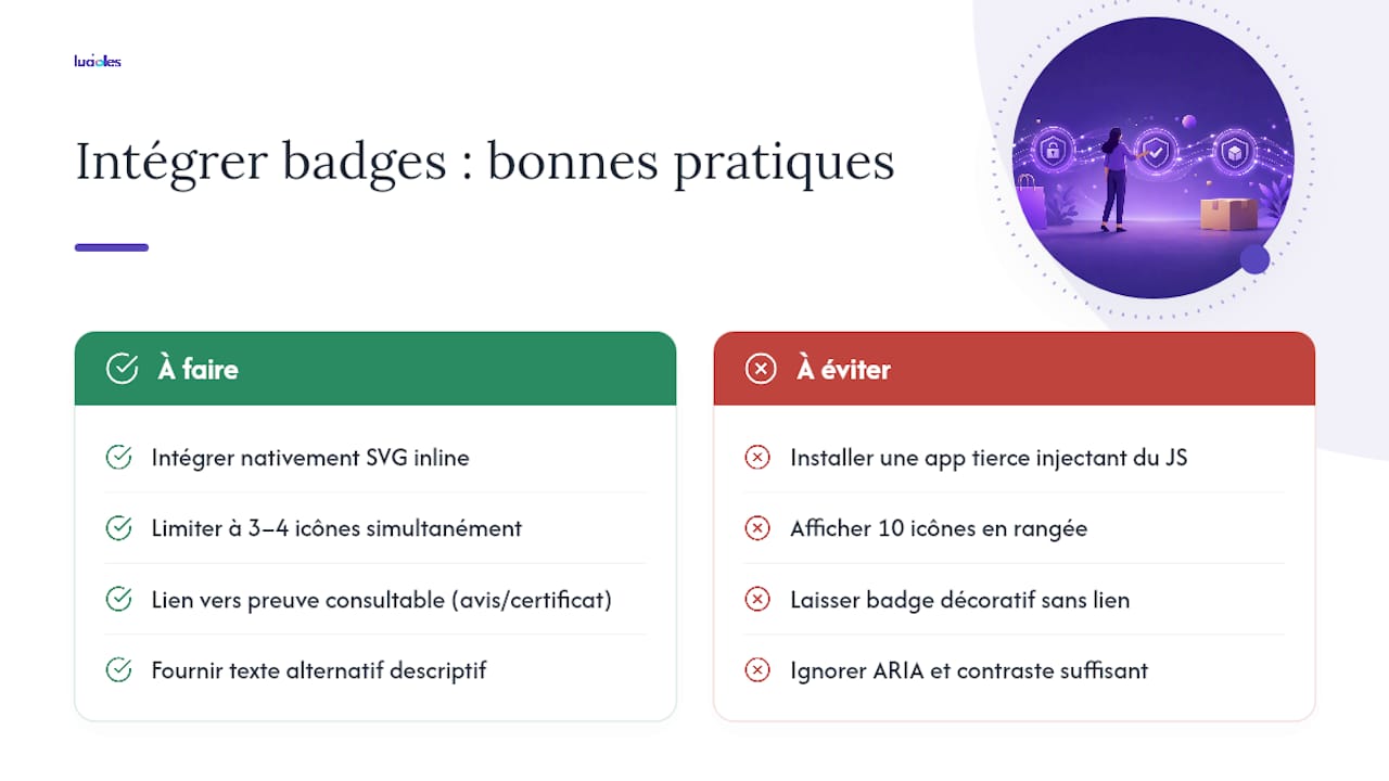 3 signaux qui vendent : badges de réassurance pour boutiques en ligne 1 Comment intégrer les badges sans ralentir votre site ni nuire à l'accessibilité ? — overview diagram