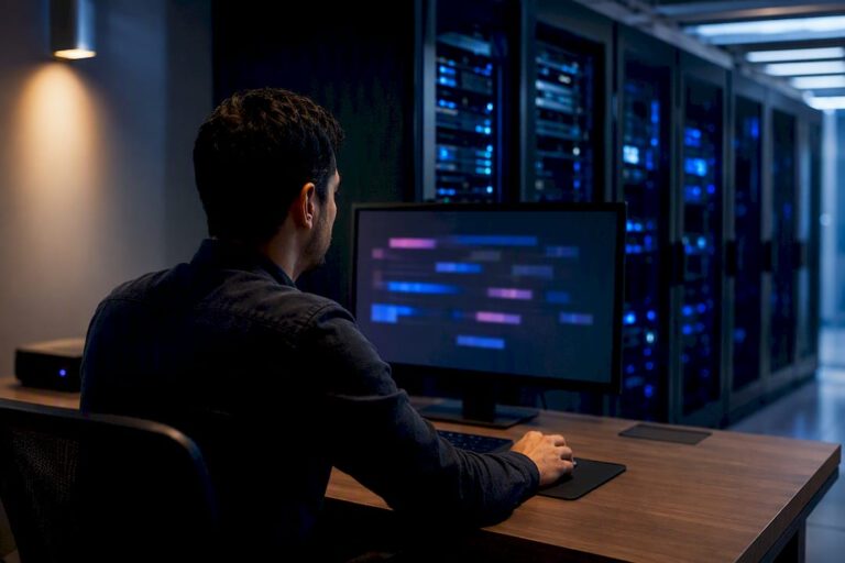 Blog 9 Technicien contrôlant un flux de données serveur
