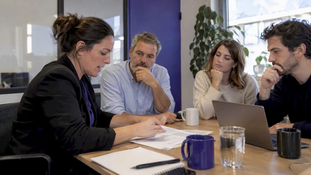 Une acheteuse présente une offre devant son comité